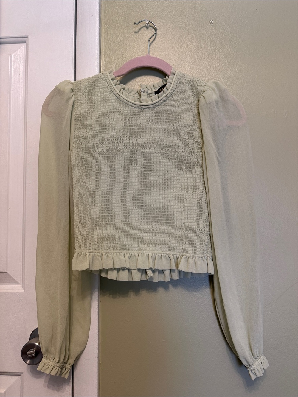 Ruffled Smocked Long-Sleeve Blouse - Cream